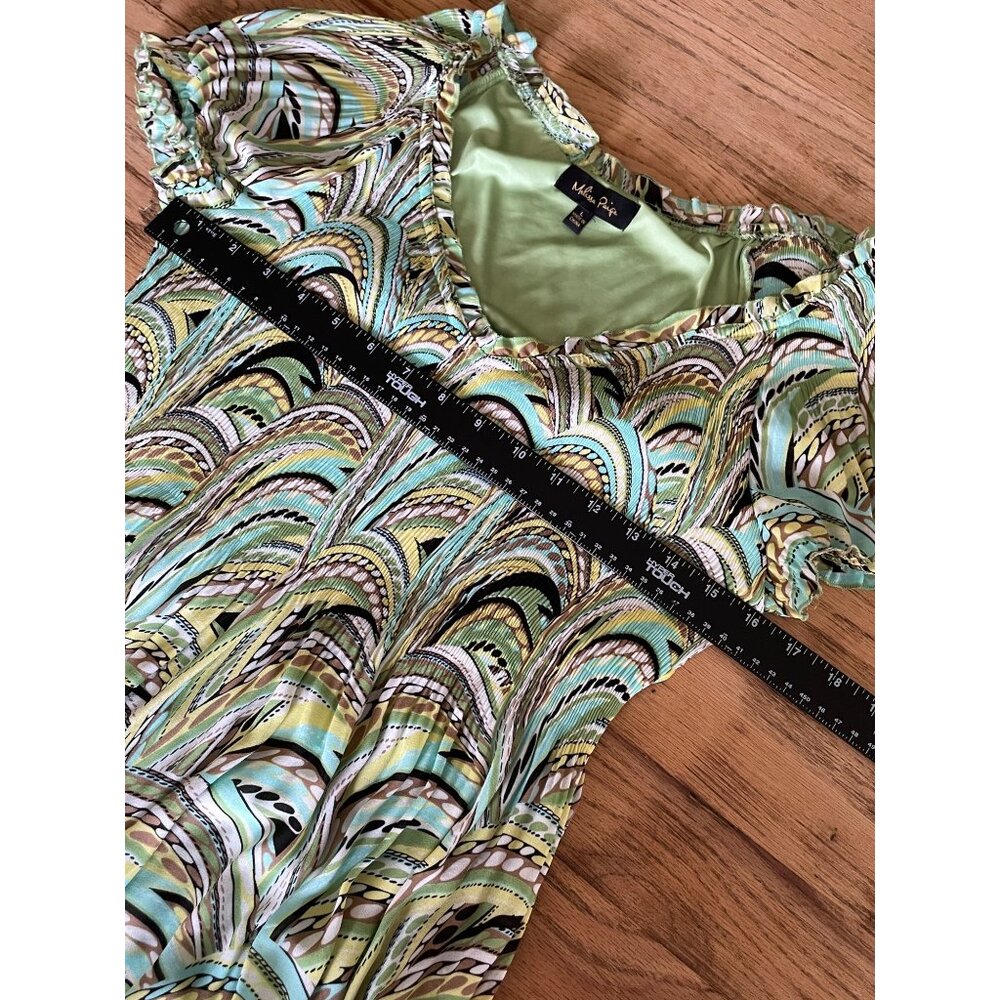 Melissa Paige Smocked Puff Sleeve Dress Womens L Green Print Lined Flowy - Picture 6 of 8